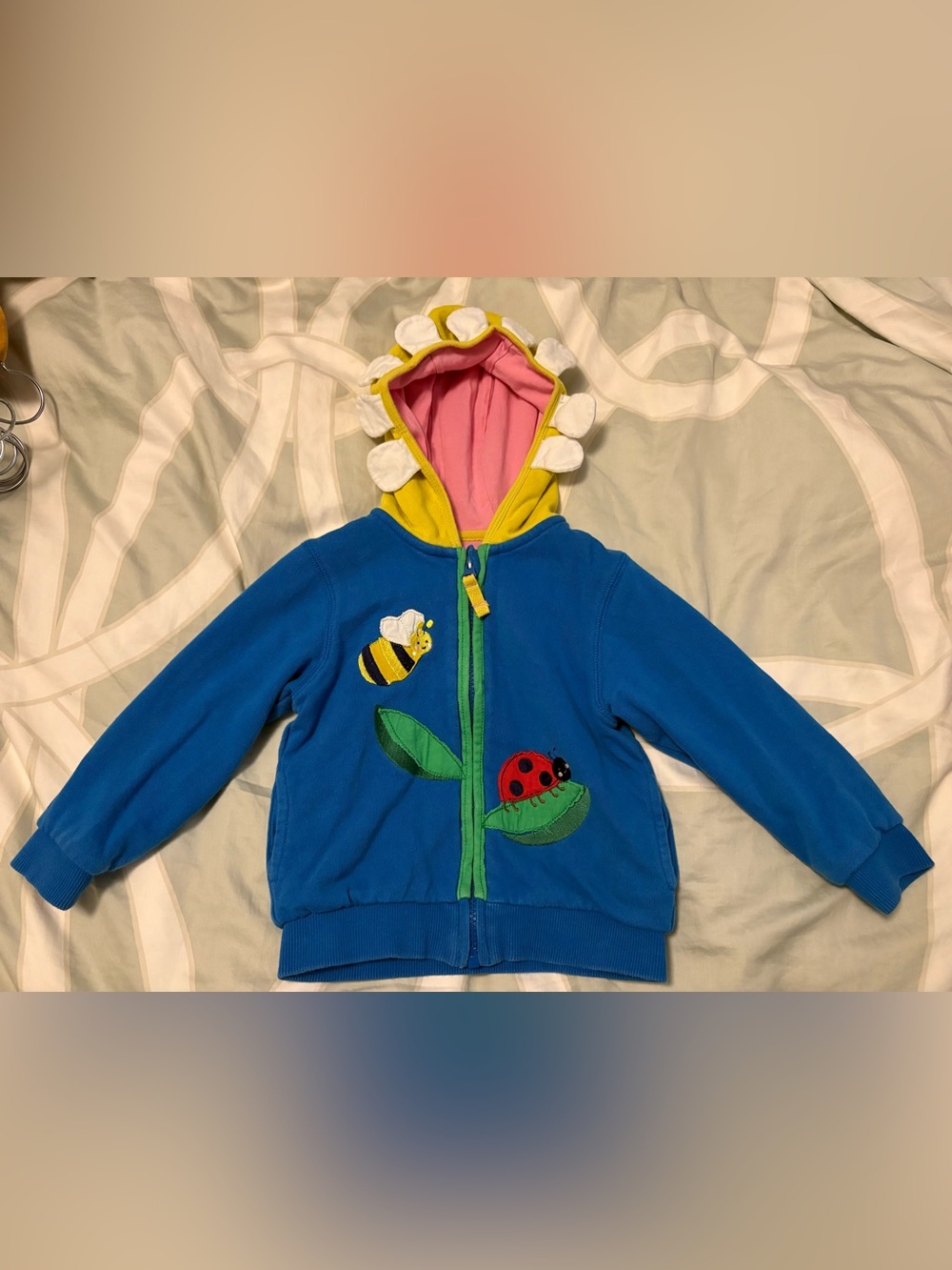 HTF Baby Boden Blue Zip Hoodie with Bee, Ladybug & Daisy Flower Hood 12-18
